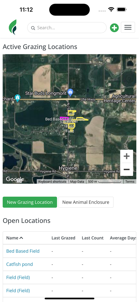 Farmbrite app interface displaying satellite mapping for active grazing locations and field management.
