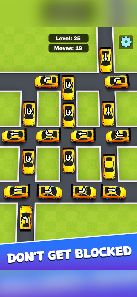 Car Slider: Clear the Roads - Pantalla de juego de Car Slider que muestra un rompecabezas de tráfico con coches amarillos y el texto No te bloquees