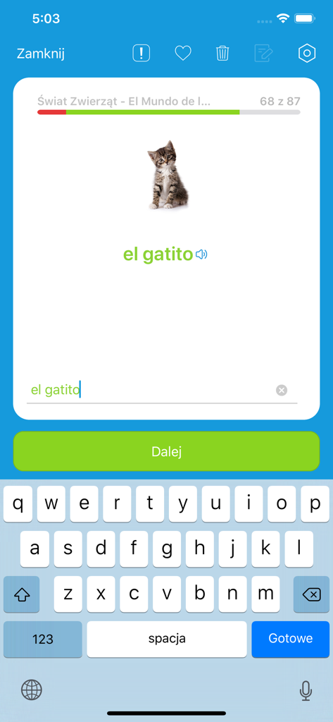 Fiszkoteka app interface showing a Spanish vocabulary flashcard for el gatito with a kitten image