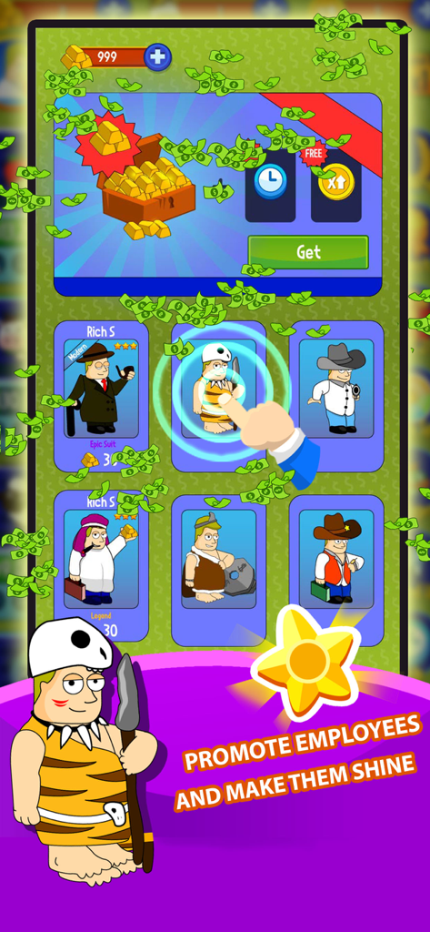 Gameplay screen of Idle Capitalist Tycoon showing character skins and employee promotion mechanics