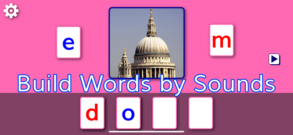 SPELLING MAGIC 4 for Schools - Educational app screen showing a word building activity for the word dome with letter tiles and a building picture.