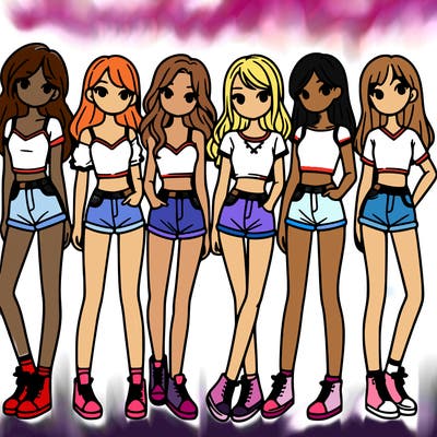 a group of girls wearing crop tops and shorts
