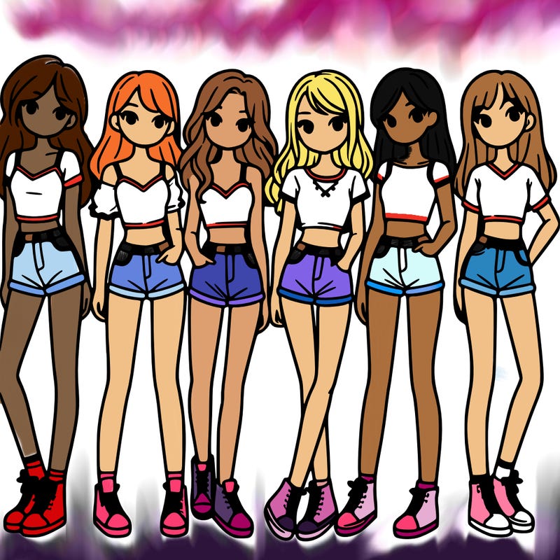 a group of girls wearing crop tops and shorts