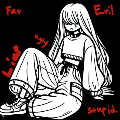 a girl with baggy pants and a crop top with long hair