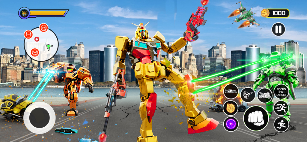 A giant yellow robot fighting other robots in a city environment with laser beams and game controls.