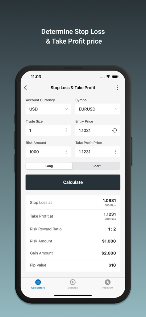 FX計算ツールアプリのストップロスとテイクプロフィット価格決定画面