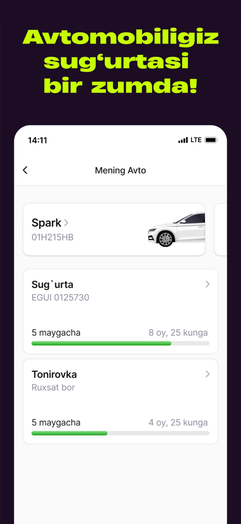 hambi (Beeline Uzbekistan) - Hambi app interface displaying car insurance and window tinting details for a vehicle