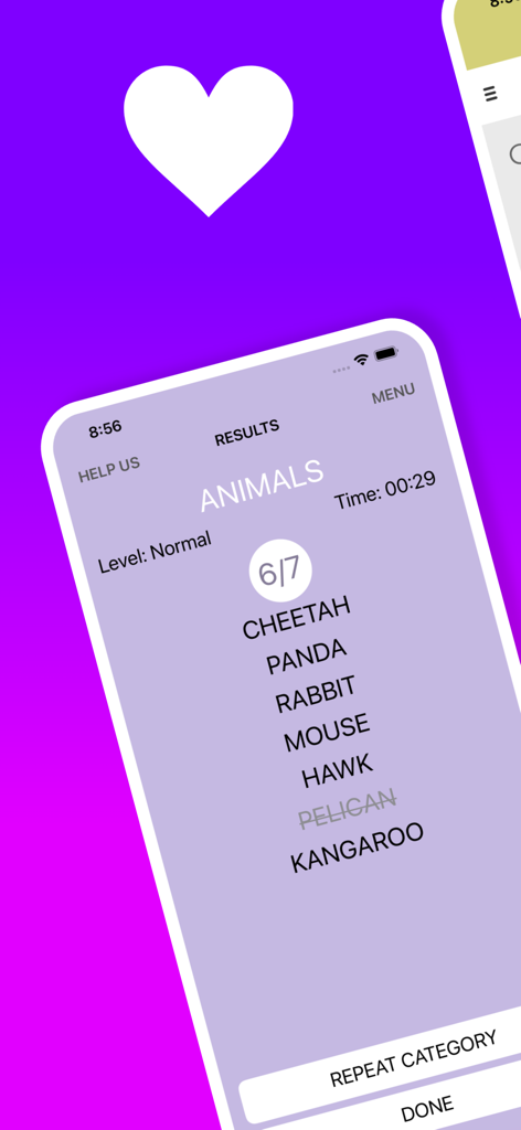 Heads Up For Kids & Family - Score screen from Heads Up For Kids & Family showing results for the animals category with a score of 6 out of 7.