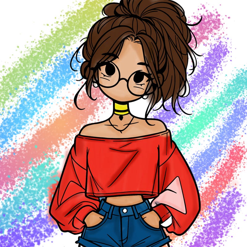 girl with a messy ponytail glasses a baggy crop top and jean shorts