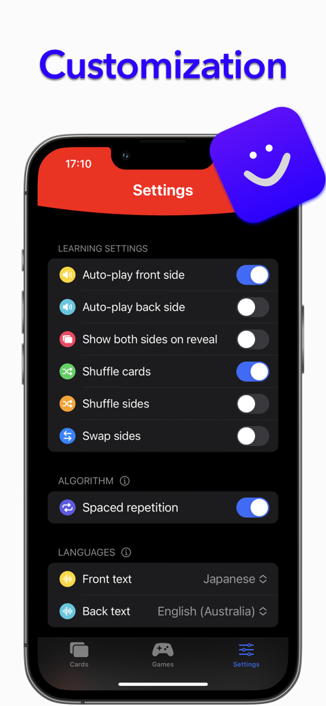 Flash cards maker - Anki Mini - Pantalla de configuración de la aplicación Anki Mini que muestra la personalización para la repetición espaciada y el aprendizaje de idiomas