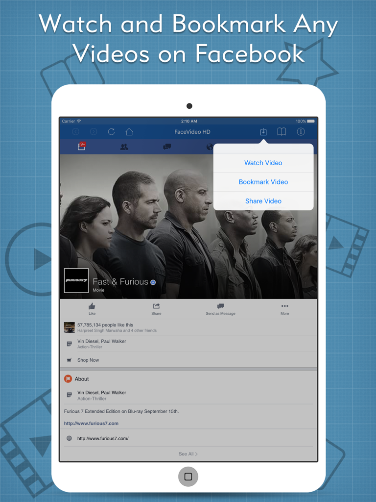 Video Browser, Player, Streamer and Bookmarker ~ BVideo HD - iPad app interface showing options to watch bookmark or share a Facebook video