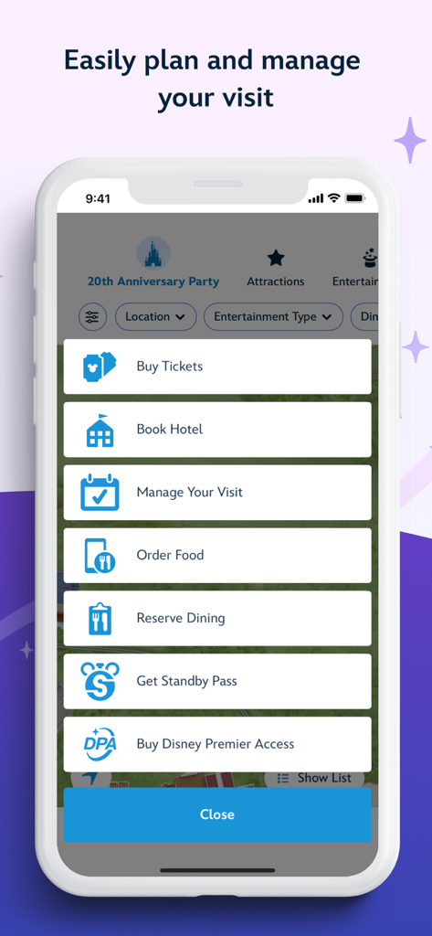 Hong Kong Disneyland - 티켓 구매 및 음식 주문을 포함하여 방문 계획 및 관리를 위한 옵션을 보여주는 공식 홍콩 디즈니랜드 앱 인터페이스