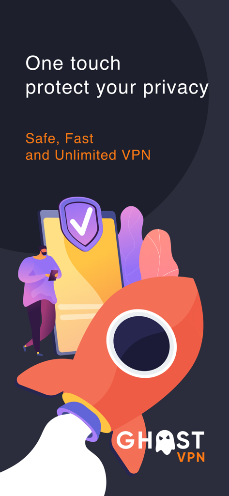 Ghost VPN app interface featuring a rocket and a secure shield icon for fast privacy protection