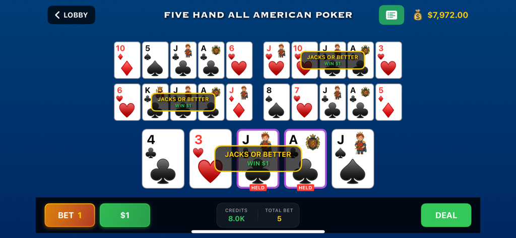 Interfaz de juego de Video Poker Galaxy mostrando cinco manos de All American Poker con manos ganadoras resaltadas.