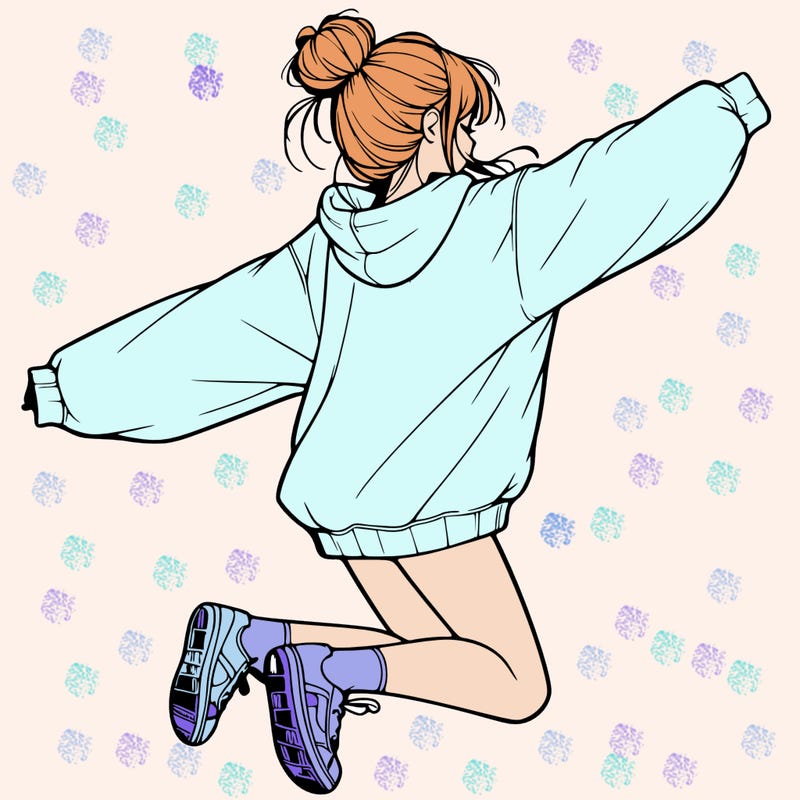 realistic girl jumping with a bun and oversized sweatshirt