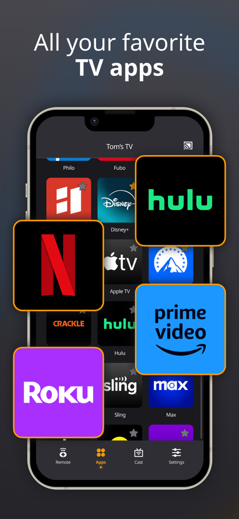 Remote Control for TV: iMote - Interface de l'application iMote montrant une collection d'icônes de services de streaming populaires, y compris Netflix et Hulu