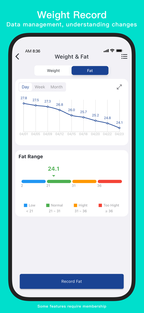 KeepStrong Gym Workout Tracker - Fortschrittsdiagramm des Körperfettanteils mit Kategorien im KeepStrong Gym Workout Tracker.