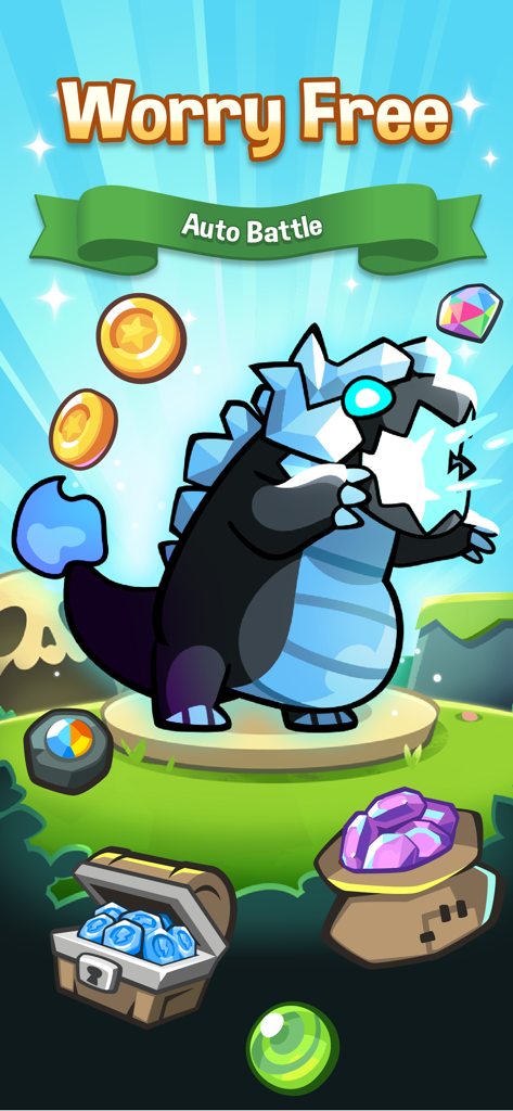 Summoner's Greed: Idle TD Hero - Pantalla de batalla automática de Summoners Greed con un dragón azul y recompensas de tesoros