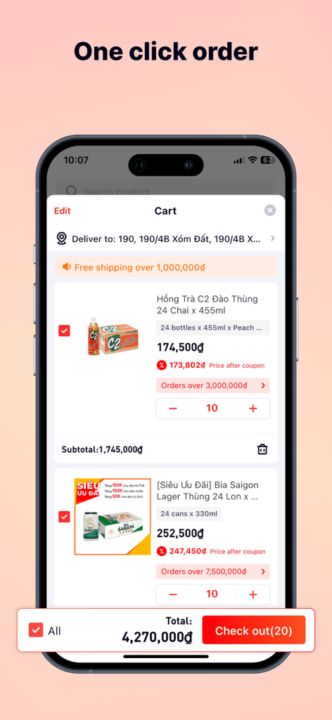WOWbuy - Shopping cart screen of the WOWbuy wholesale app with bulk product items