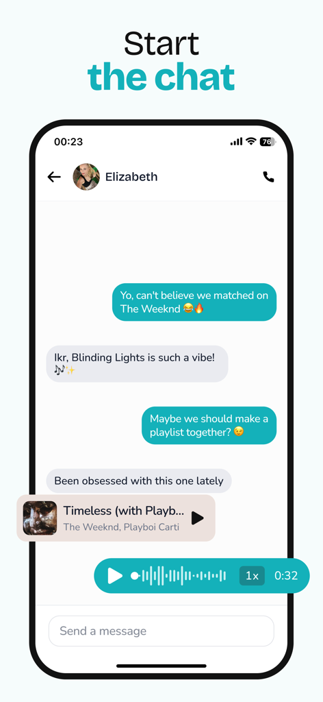 Interface of the makromusic app showing a chat conversation between two matches discussing shared Spotify music and artists