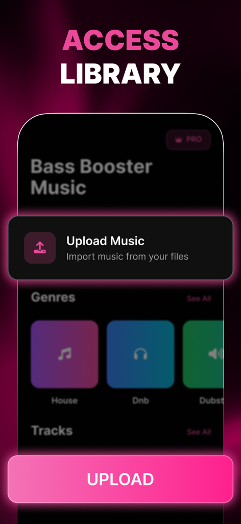 Bass Booster - Equalizer - Interfaz de una aplicación móvil para acceder a una biblioteca de música y cargar archivos con categorías para géneros House y Dnb