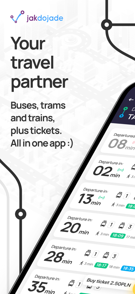 Jakdojade Premium app interface for transit schedules and tickets