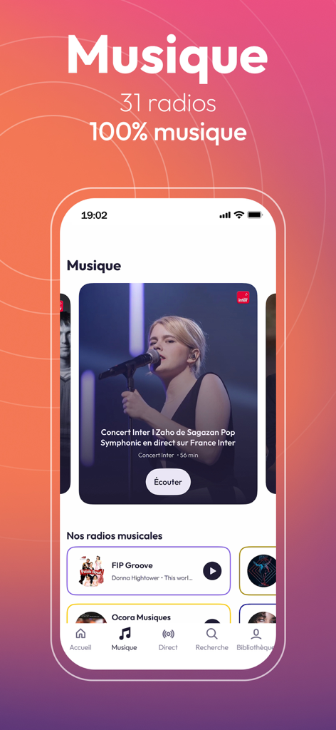 Radio France - podcast, direct - Smartphone-Bildschirm mit dem Musikbereich der Radio France App mit verschiedenen Radiosendern und Live-Auftritten.