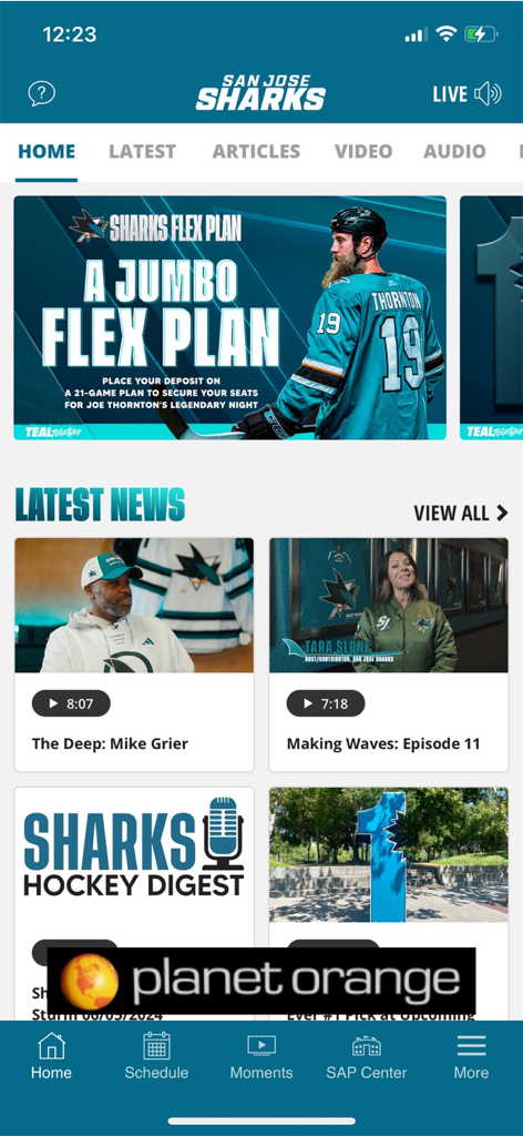 San Jose Sharks + SAP Center - San Jose Sharks mobile app home screen featuring hockey news and featured ticket plans