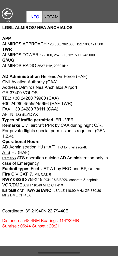 Aeronautical information screen for LGBL Almiros airport showing radio frequencies and runway details in the notams aero app