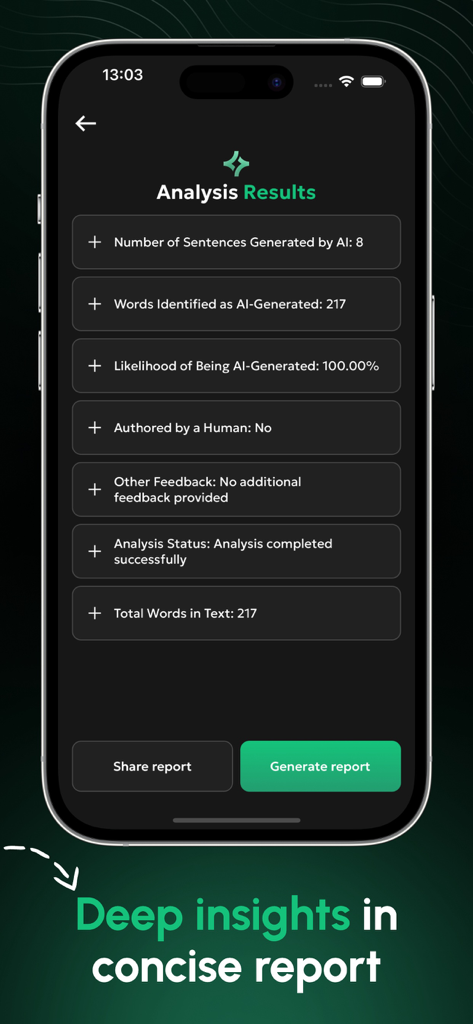 AI Detector - Text Analyzer - Page de résultats d'analyse de l'application AI Detector montrant la probabilité de contenu IA et les statistiques de nombre de mots