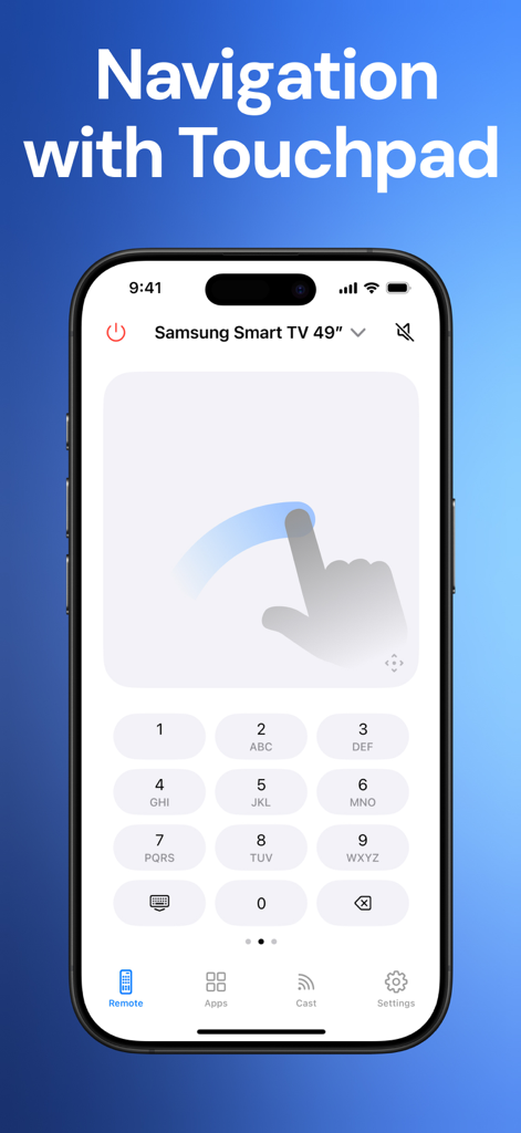 Universal Remote Control TV ・ - Interfaz de la app Control Remoto Universal para TV que muestra un panel táctil de smartphone y un teclado numérico para el control de Smart TV