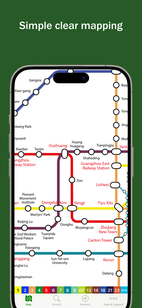 Explore Guangzhou - A simple and clear color-coded Guangzhou subway map on a mobile phone screen.