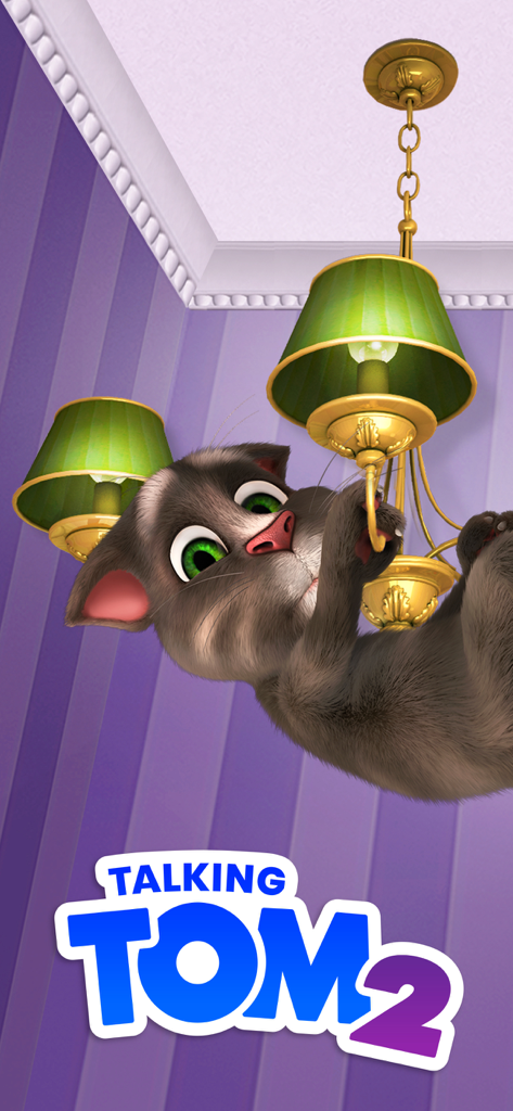 Talking Tom est suspendu à un lustre dans une pièce avec un papier peint violet