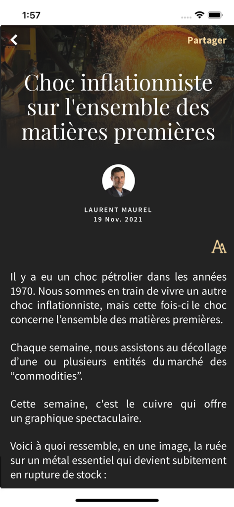 Artículo de noticias financieras sobre la inflación en materias primas en la aplicación GoldBroker.