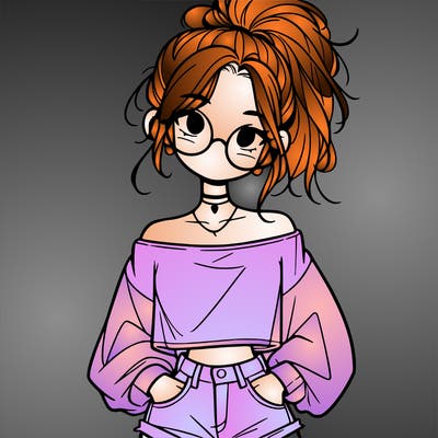 girl with a messy ponytail glasses a baggy crop top and jean shorts