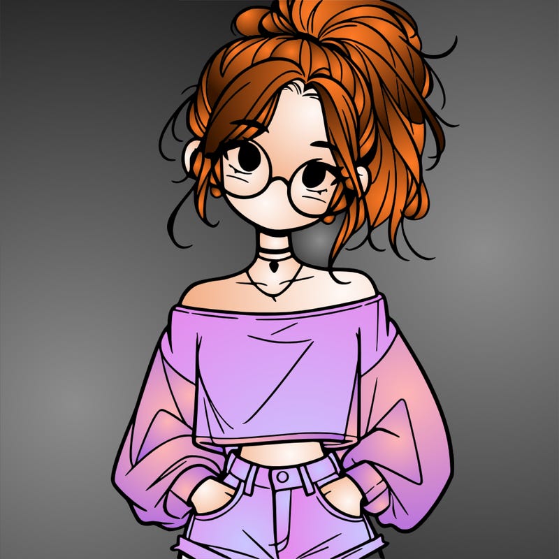 girl with a messy ponytail glasses a baggy crop top and jean shorts