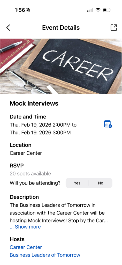Corq - Corq app screen showing campus event details for mock interviews at the career center