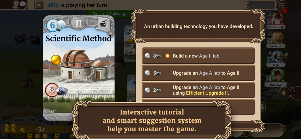 Through the Ages - Pantalla de juego del tutorial interactivo y sistema de sugerencias de Through the Ages