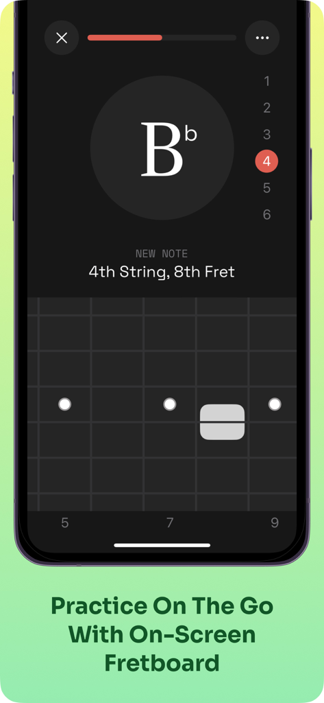 Fret Pro Guitar Notes Trainer - A mobile interface for Fret Pro showing a B flat note on an interactive guitar fretboard for on the go practice