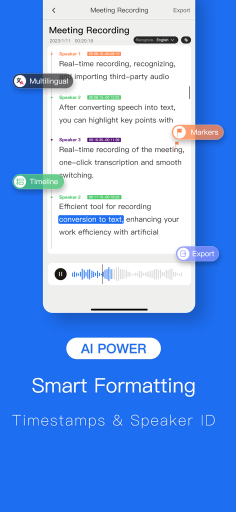 Speech To Text: Transcription - Speech To Text app showing a meeting transcription with speaker identification and timestamps