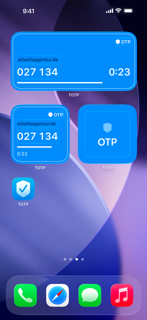 TOTP Authenticator iOS home screen widgets displaying two-factor authentication codes.