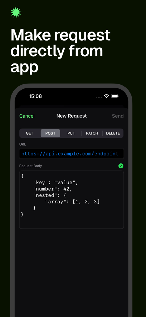 Webhook Notifications - Hook - Interface of the Hook app for building and sending custom HTTP requests directly from a mobile device