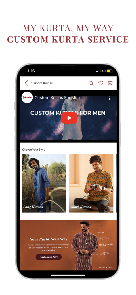 Fabindia Online Shopping - Fabindia mobile app screen for custom mens kurta tailoring service
