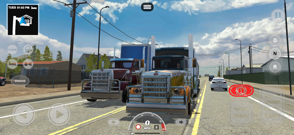 Gameplay-Screenshot von zwei großen amerikanischen Sattelzügen auf einer Straße in Truck Simulator PRO USA