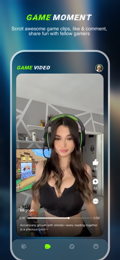 Fritty：Adult & Chat，Video Call - Screenshot of Fritty app showing the Game Moment feature with a video of a female gamer buddy wearing a headset.