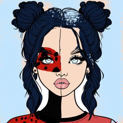 realistic girl with two buns in hair and lips