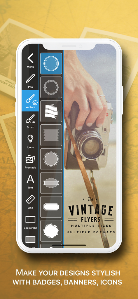 A mobile phone showing the Vintage Logo and Poster Maker app interface with design tools and vector elements.