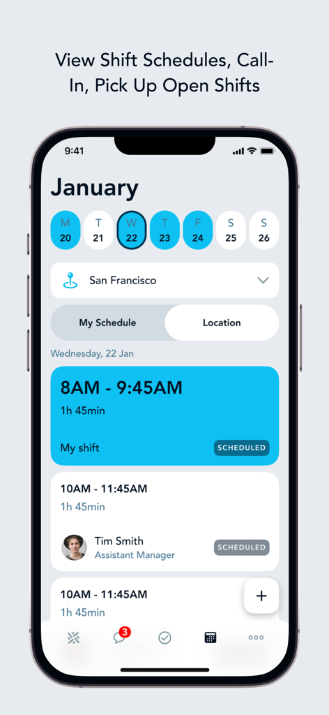 Woven – My Work - Mobile interface of the Woven app showing a weekly shift schedule for franchise employees.