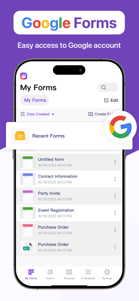 Dashboard der Forms for Google App auf einem iPhone, das eine Liste von Formularen wie Kontaktinformationen und Veranstaltungsanmeldung zeigt.