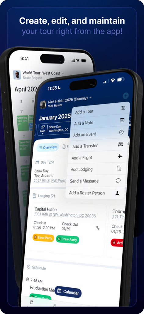 Daysheets - Daysheets mobile app interface showing options to add tours, flights, and lodging for tour management.
